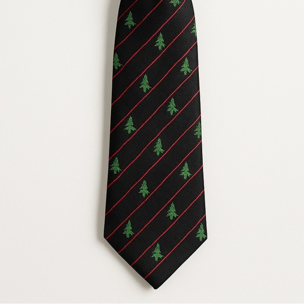 Hallmark Holiday Traditions Black Tie with Green Tree and Red Stripe Design